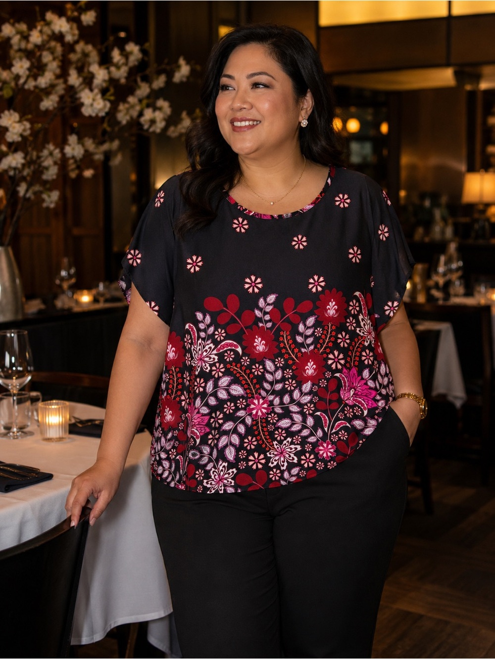 SHEIN Black Floral Print Short Sleeve Blouse with Pink & Red Accents